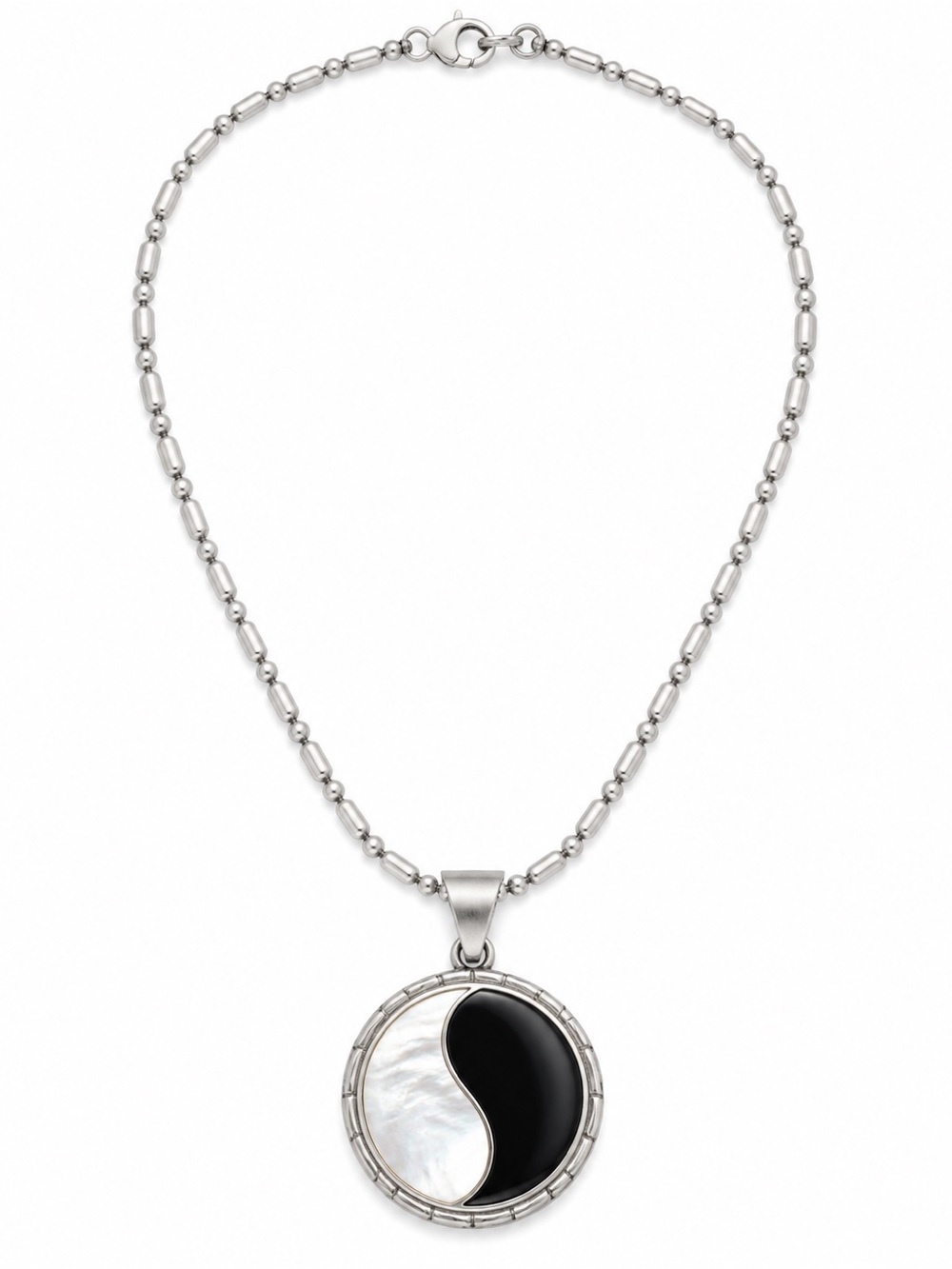 Silver Pendant Necklace with Black and White Yin Yang Inlay